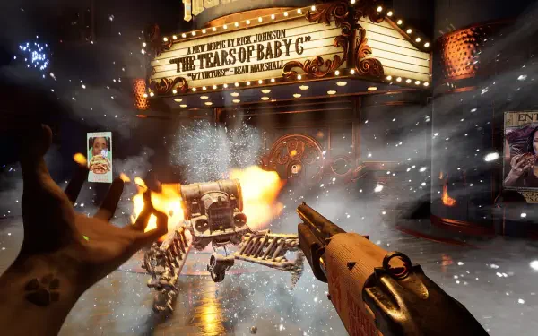 A dynamic scene from the video game Judas (2025) showcasing intense action with a character aiming a weapon at a fiery robot against a cinematic backdrop. HD desktop wallpaper.