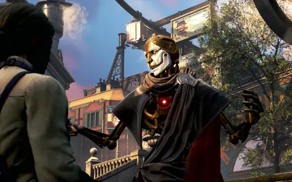 4K Ultra HD PC wallpaper from the video game Clockwork Revolution, featuring a mechanical character with a glowing red chest light in a vibrant urban setting.