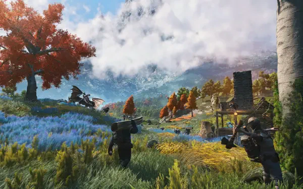 A vibrant landscape from the video game Light No Fire, featuring colorful trees and characters exploring a lush environment under a blue sky, designed as a 4K Ultra HD desktop wallpaper.