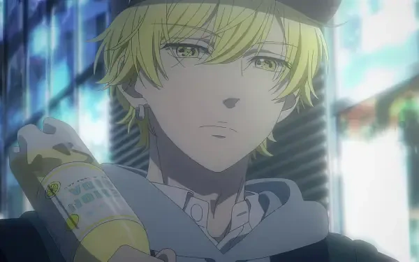 Anime-inspired HD wallpaper featuring a character with blonde hair, holding a bottle of Honey Lemon Soda, set against a blurred city background.