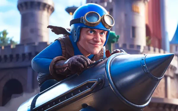 A vibrant 4K Ultra HD desktop wallpaper featuring a cheerful character in blue attire, equipped with goggles, riding a sleek rocket in front of a whimsical castle backdrop.