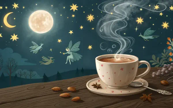 A steaming cup of hot cocoa sits on a wooden table under a starry night sky, featuring fairies, a bright moon, and whimsical elements for a cozy, enchanting atmosphere.