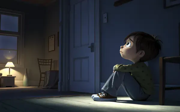 A 4K Ultra HD wallpaper depicting a child sitting on the floor in a dimly lit room, looking up with a contemplative expression, evoking a sense of emptiness and introspection.
