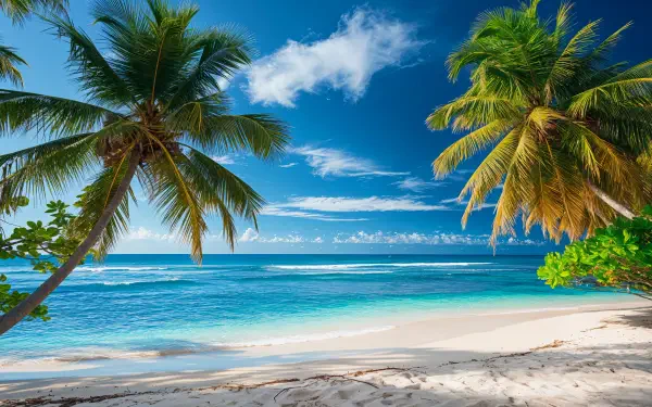 4K Ultra HD desktop wallpaper of a tropical beach with palm trees, white sand, and clear blue ocean under a vibrant sky in the tropics.