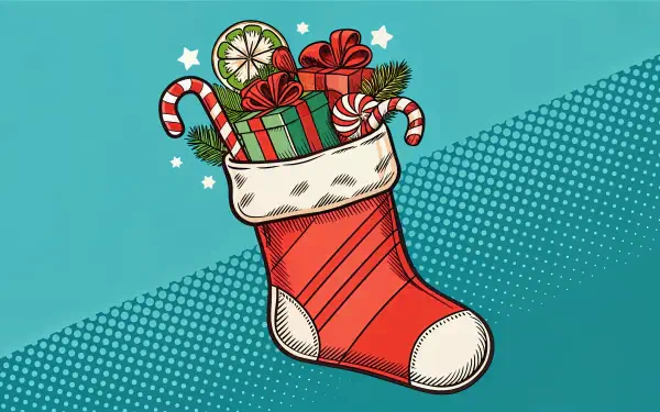 A vibrant Christmas stocking filled with colorful gifts, candy canes, and festive decorations, set against a teal background. This 4K Ultra HD image adds holiday cheer to any desktop.