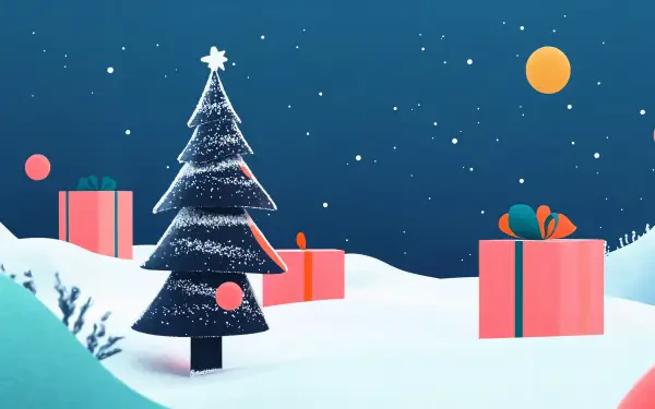A minimalist holiday scene featuring a stylized snow-covered tree surrounded by colorful gifts, set against a starry night sky. Ideal as a 4K Ultra HD PC desktop wallpaper.