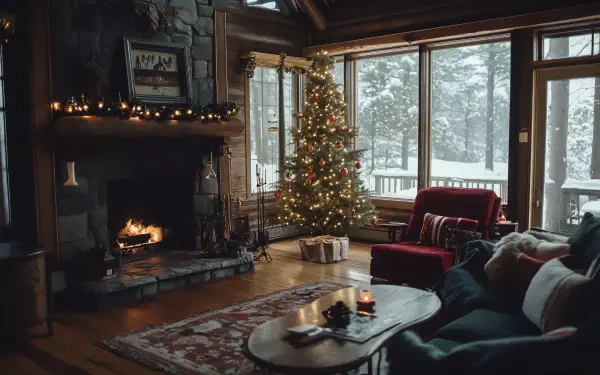 A cozy rustic holiday scene featuring a decorated Christmas tree, a warm fireplace, and snow gently falling outside. Perfect atmosphere for a winter getaway in 4K Ultra HD.
