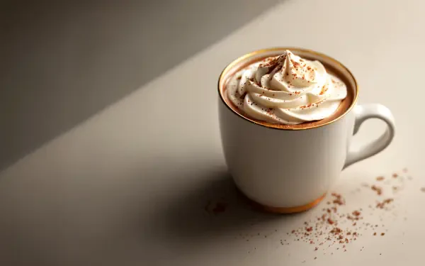 A steaming mug of hot cocoa topped with whipped cream and chocolate shavings, set against a softly lit background, perfect for a 4K Ultra HD desktop wallpaper.