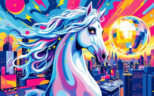 A vibrant and colorful illustration of a mare with flowing mane, set against a bright cityscape and a large disco ball, perfect as a 4K Ultra HD desktop wallpaper.