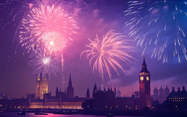 Vibrant fireworks light up the night sky over London's iconic skyline, featuring the Houses of Parliament and Big Ben, in this stunning 4K Ultra HD desktop wallpaper.