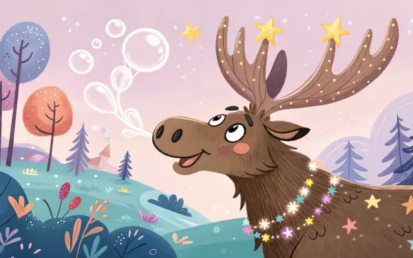 A whimsical moose adorned with stars and bubbles in a vibrant, colorful landscape, presented as a 4K Ultra HD PC desktop wallpaper and background.