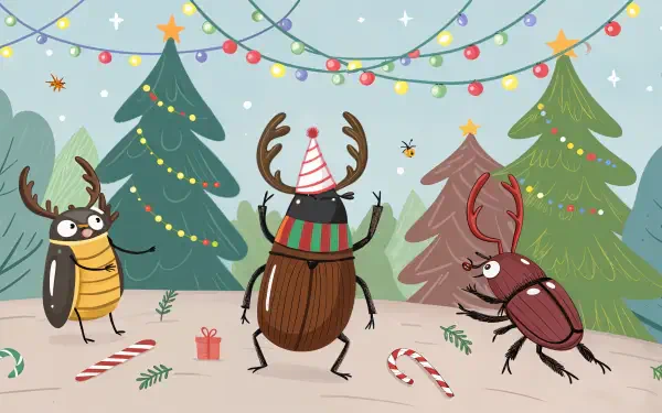 A whimsical holiday party scene featuring animated beetles in festive attire, surrounded by decorated trees, colorful lights, and candy canes, captured as a vibrant 4K Ultra HD desktop wallpaper.