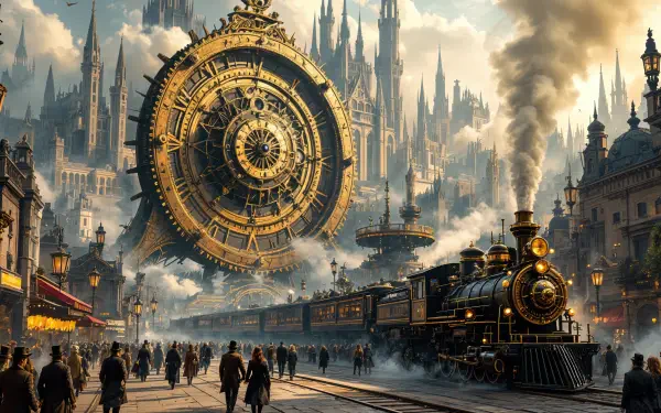A captivating 4K Ultra HD wallpaper depicting a bustling cityscape with a steam locomotive, ornate architecture, and a massive gear structure, conveying themes of capitalism and progress.