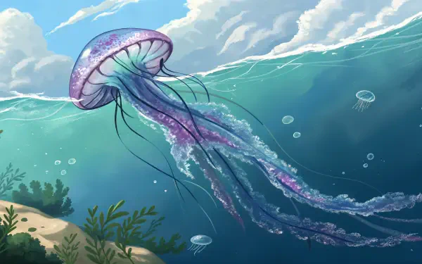 A vibrant jellyfish glides through crystal-clear water beneath a sunny sky, surrounded by gentle waves and aquatic plants, portrayed in stunning 4K Ultra HD quality.