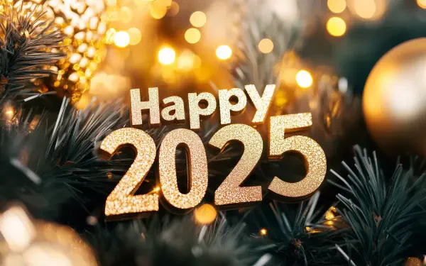 A festive 2025 backdrop featuring Happy 2025 in glittering gold, surrounded by glowing lights and decorative elements, perfect for a celebratory New Year’s theme.