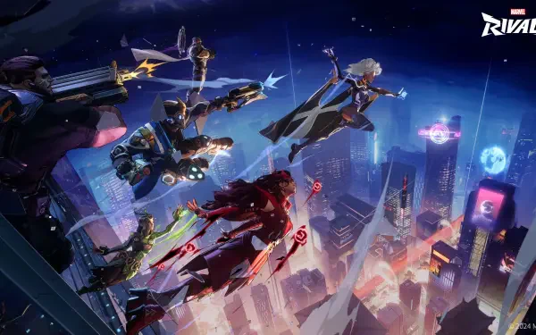 A dynamic 4K Ultra HD wallpaper from the video game Marvel Rivals, featuring vibrant characters and action set against a sprawling city backdrop at night.