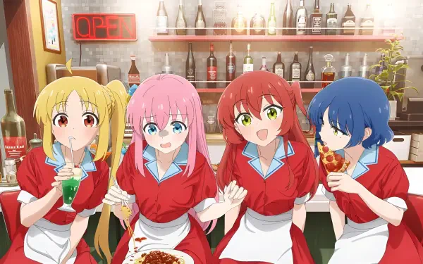 HD anime wallpaper from Bocchi the Rock! featuring four girls in red uniforms enjoying drinks and food together in a cozy bar setting.