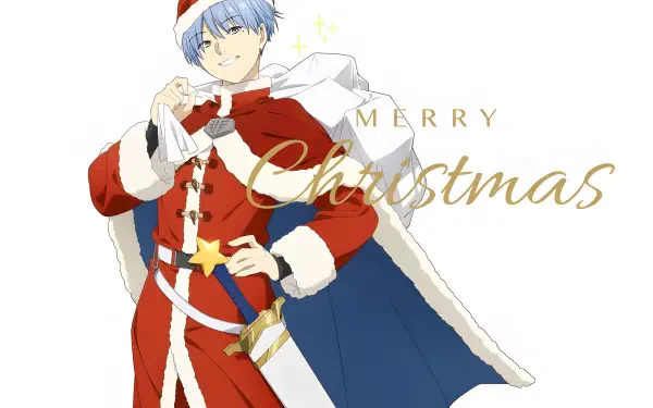 Himmel (Frieren: Beyond Journey's End) in a Santa red coat and white cape, holding a sword; anime 2K Quad HD PC desktop wallpaper/background with Merry Christmas text.