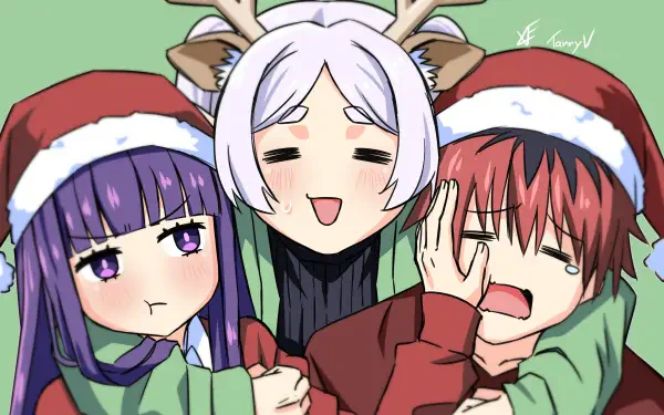 Anime-style 4K Ultra HD wallpaper featuring Fern, Frieren, and Stark from Frieren: Beyond Journey's End wearing Santa hats and antlers in a festive scene.