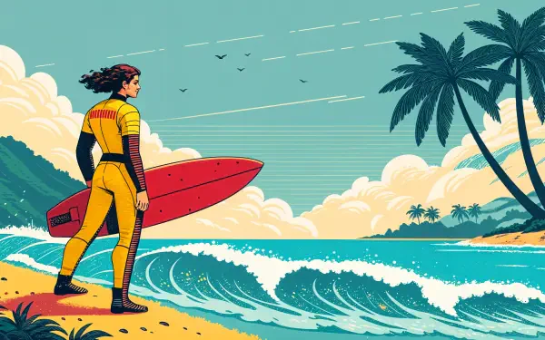 A vibrant 4K Ultra HD wallpaper featuring a surfer standing on the beach with a red surfboard, looking out at the waves and palm trees against a bright, sunny sky.