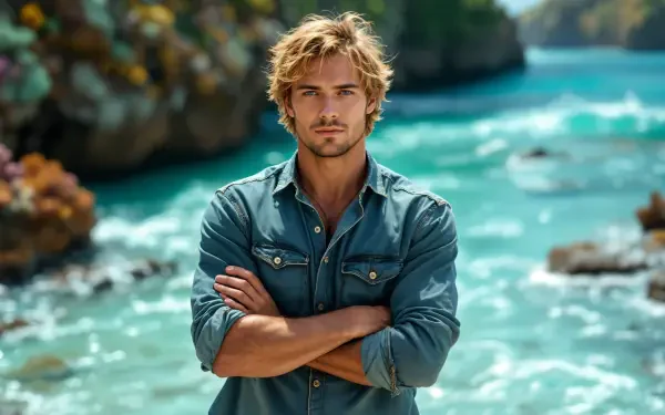 A young man with tousled hair stands confidently with arms crossed by a vibrant coastal scene, featuring blue water and rocky cliffs, captured in stunning 4K Ultra HD quality.