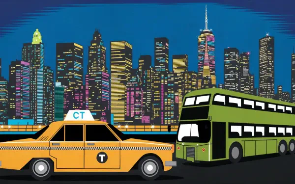 A vibrant illustration of New York City at night, featuring a classic yellow taxi and a green double-decker bus alongside a skyline filled with colorful lights. 4K Ultra HD desktop wallpaper.