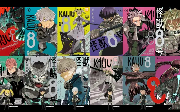 A vibrant 4K Ultra HD PC desktop wallpaper featuring multiple dynamic characters and scenes from the manga Kaiju No. 8, showcasing intense action and detailed artwork.