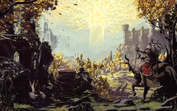 A stunning HD wallpaper from the video game Elden Ring: Shadow of the Erdtree, showcasing a majestic landscape with golden trees and a distant radiant tree.