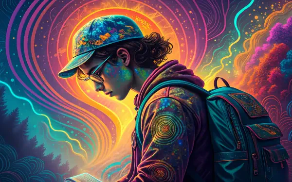 A vibrant 4K Ultra HD desktop wallpaper featuring a student in a colorful cap, immersed in thought against a backdrop of swirling patterns and glowing colors.