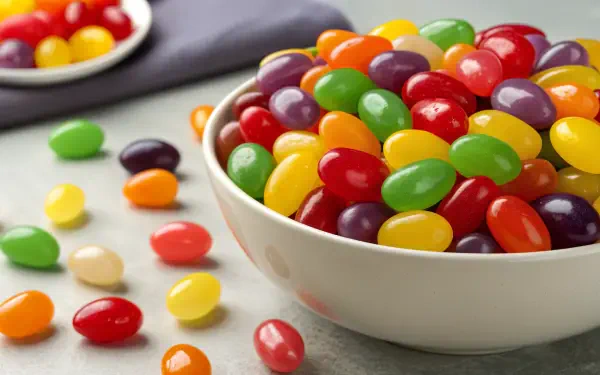 A vibrant bowl overflowing with colorful jelly beans, surrounded by scattered candies, creating a delightful and visually appealing 4K Ultra HD desktop wallpaper.