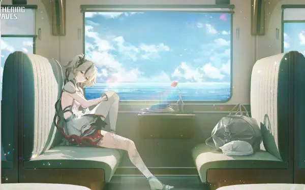 A serene 4K Ultra HD wallpaper from the video game Wuthering Waves, featuring Camellya sitting in a train, gazing out at a bright and colorful sky.