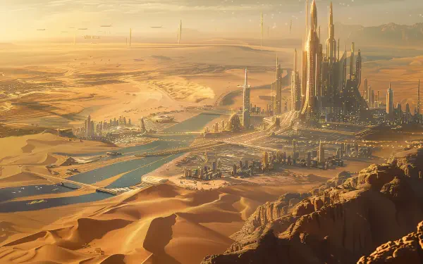 A stunning sci-fi city rises amid vast desert dunes, with sleek towers reflecting golden light and a winding river enhancing the futuristic landscape. 4K Ultra HD wallpaper for PC.