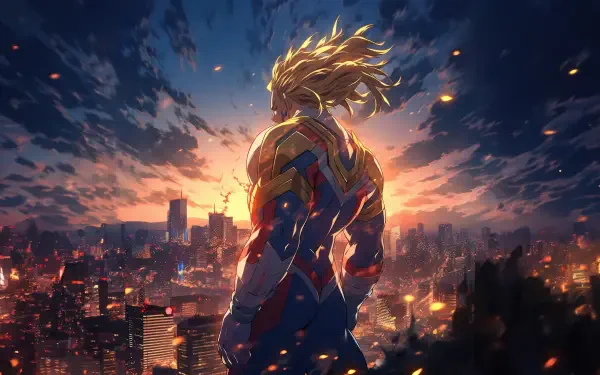 4K Ultra HD desktop wallpaper featuring All Might from My Hero Academia standing above a cityscape at sunset with dramatic clouds and glowing light effects.
