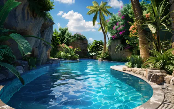 A serene pool surrounded by lush greenery, vibrant flowers, and tropical palm trees under a clear blue sky, designed as a stunning 4K Ultra HD desktop wallpaper.