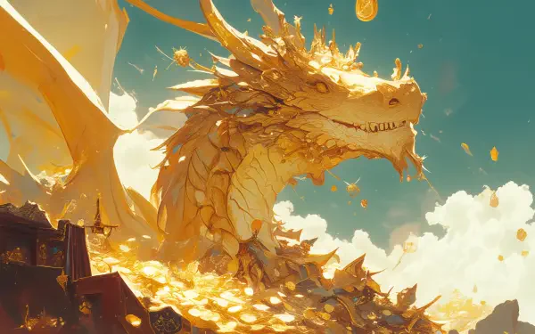 A majestic golden dragon guards a vast treasure hoard beneath a bright blue sky, rendered as a detailed 4K Ultra HD fantasy illustration and mythical creature wallpaper.