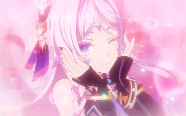 A 4K Ultra HD desktop wallpaper featuring Citlali from Genshin Impact, depicted as a girl with pink hair and glowing purple eyes in a vibrant, soft pink background.