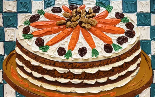 A beautifully decorated carrot cake with cream frosting, adorned with orange carrots, walnuts, and dark cherries, set against a colorful tiled background. 4K Ultra HD desktop wallpaper.