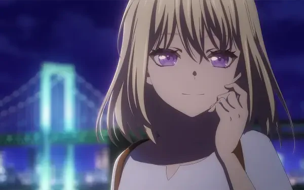 A character from the anime BanG Dream! Ave Mujica stands against a vibrant nighttime city backdrop, showcasing her blonde hair and purple eyes in this HD desktop wallpaper.