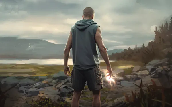 A man standing on rocky terrain, facing a serene landscape with a lake and mountains, sports a sleeveless hoodie and shorts, holding a glowing object in his hand. 4K Ultra HD wallpaper.