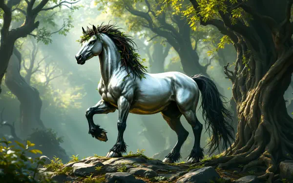 A majestic centaur with a shimmering coat stands amidst a lush forest, framed by sunlight filtering through the trees. This captivating scene serves as a stunning 4K Ultra HD desktop wallpaper.