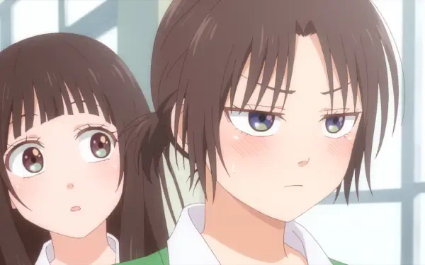 Two characters from the anime Medaka Kuroiwa Is Impervious to My Charms are featured in this HD wallpaper. One appears serious while the other looks intrigued, set in a school environment.