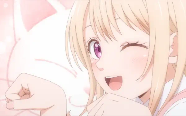 A cheerful character from the anime Medaka Kuroiwa Is Impervious to My Charms, winking playfully against a soft, pastel background, serves as an HD wallpaper.