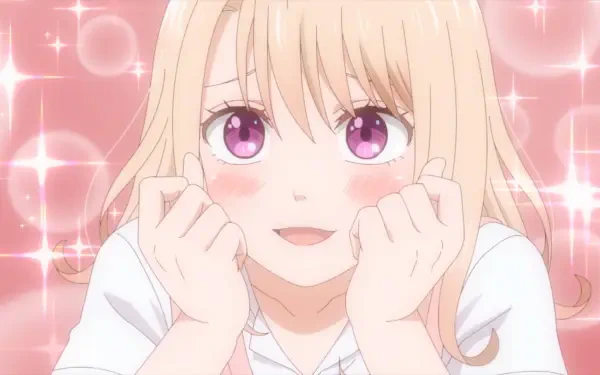 Anime-inspired HD desktop wallpaper featuring a character from Medaka Kuroiwa Is Impervious to My Charms, displaying a cheerful expression with sparkling pink backgrounds.