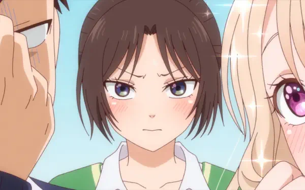 An HD desktop wallpaper featuring characters from Medaka Kuroiwa Is Impervious to My Charms, showcasing a tense moment between three expressive figures.