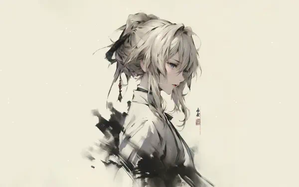 HD PC desktop wallpaper and background: minimalist watercolor-style anime woman with braided hair and ink-brush accents against a soft pale canvas.