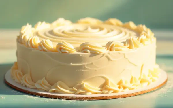 A beautifully frosted vanilla cake displayed on a wooden board, set against a soft, blurred pastel background. This image serves as a stunning 4K Ultra HD desktop wallpaper.