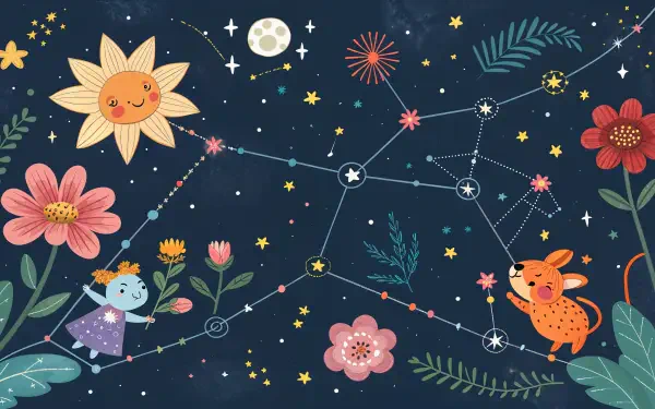 A whimsical star map featuring a sun, flowers, and playful characters among constellations, designed as a vibrant 4K Ultra HD desktop wallpaper.