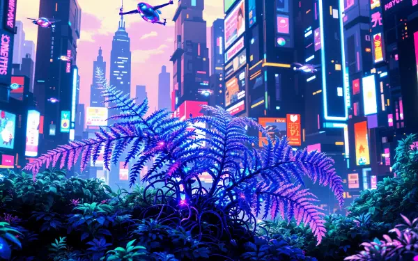 A vibrant fern foreground contrasts against a futuristic cityscape with neon lights and skyscrapers, presented as a stunning 4K Ultra HD desktop wallpaper and background.