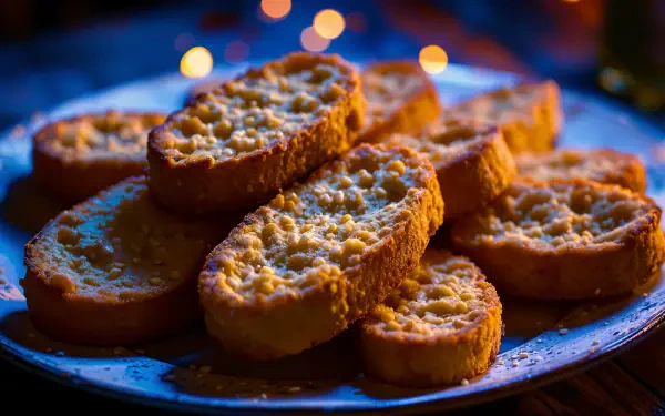 Close-up of golden biscotti cookies arranged on a plate, showcasing sweet baked goods in a vibrant 4K Ultra HD desktop wallpaper setting.