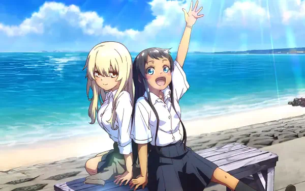 Anime HD wallpaper from OKITSURA: Fell in Love with an Okinawan Girl but I Just Wish I Know What She's Saying, featuring characters Hina Kyan and Kana Higa by the seaside.